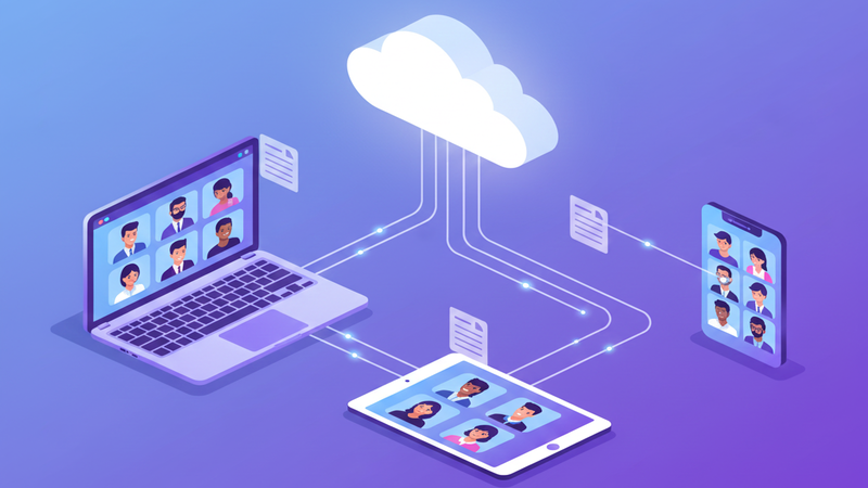 Equipo de pyme trabajando colaborativamente en la nube con múltiples dispositivos conectados