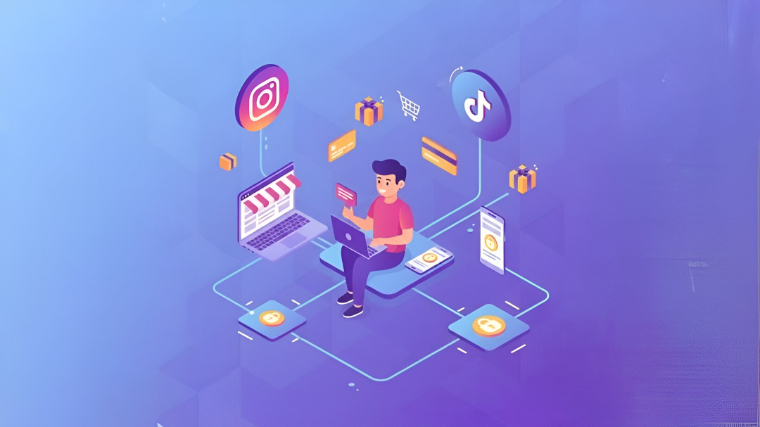 Concepto de comercio electrónico omnicanal con tienda online, móvil y redes sociales integradas