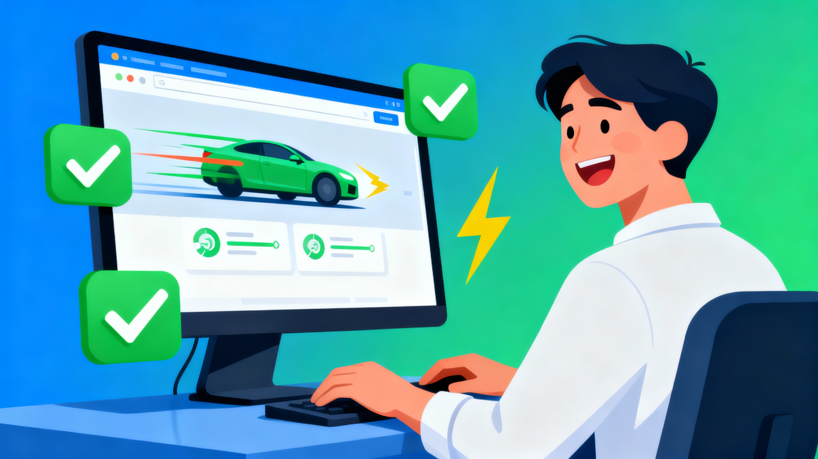 Usuario navegando felizmente en un sitio web rápido con indicadores de velocidad