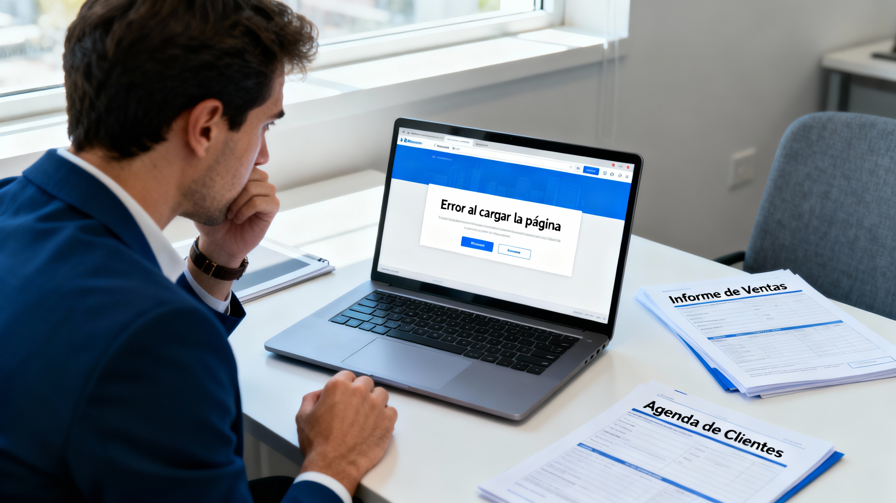 Propietario de PYME preocupado mirando su sitio web inaccesible en el ordenador