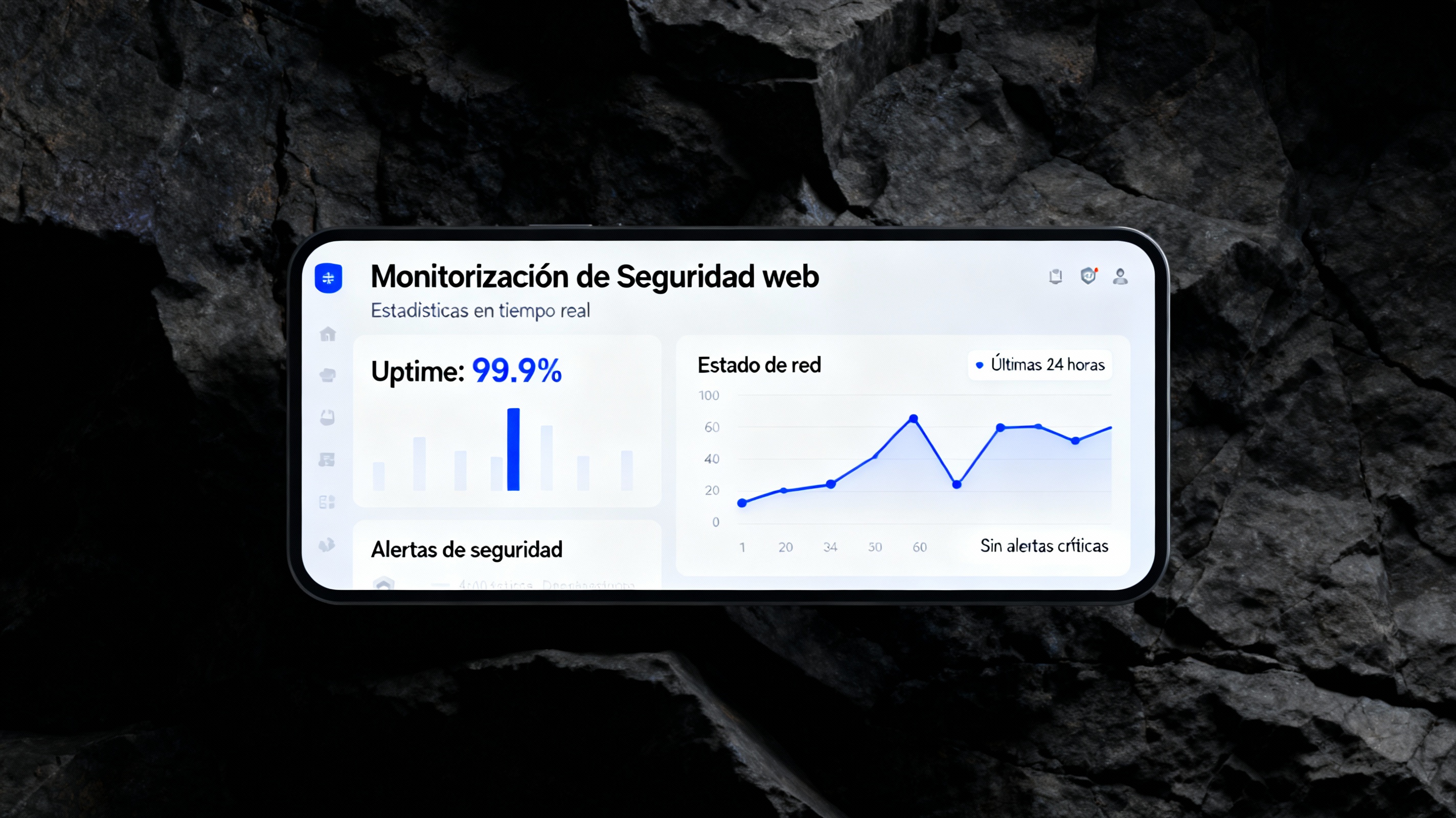 Dashboard de monitorización de seguridad web mostrando métricas de protección y disponibilidad