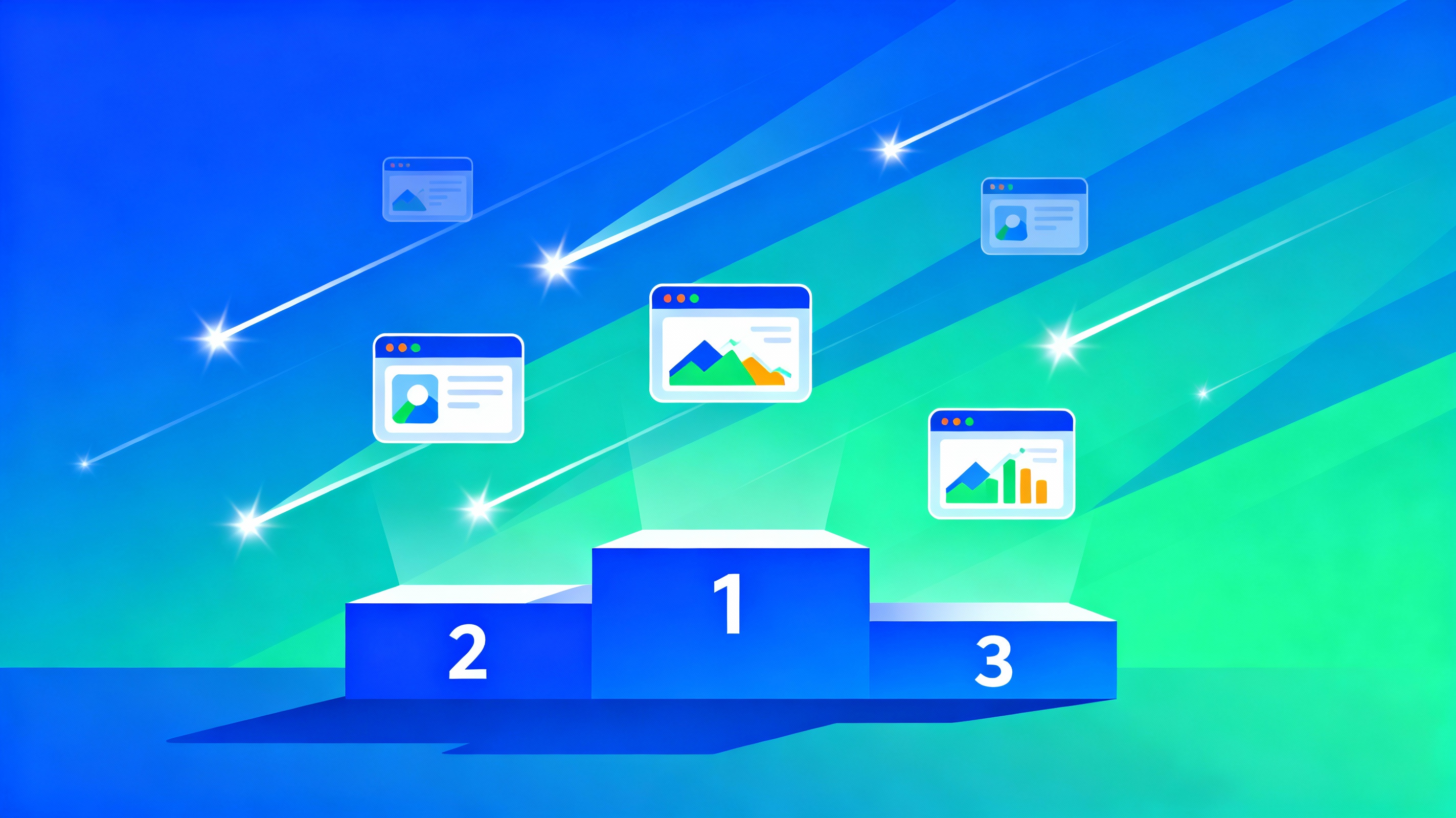 Ilustración de ranking de Google mostrando sitios web rápidos en primeras posiciones