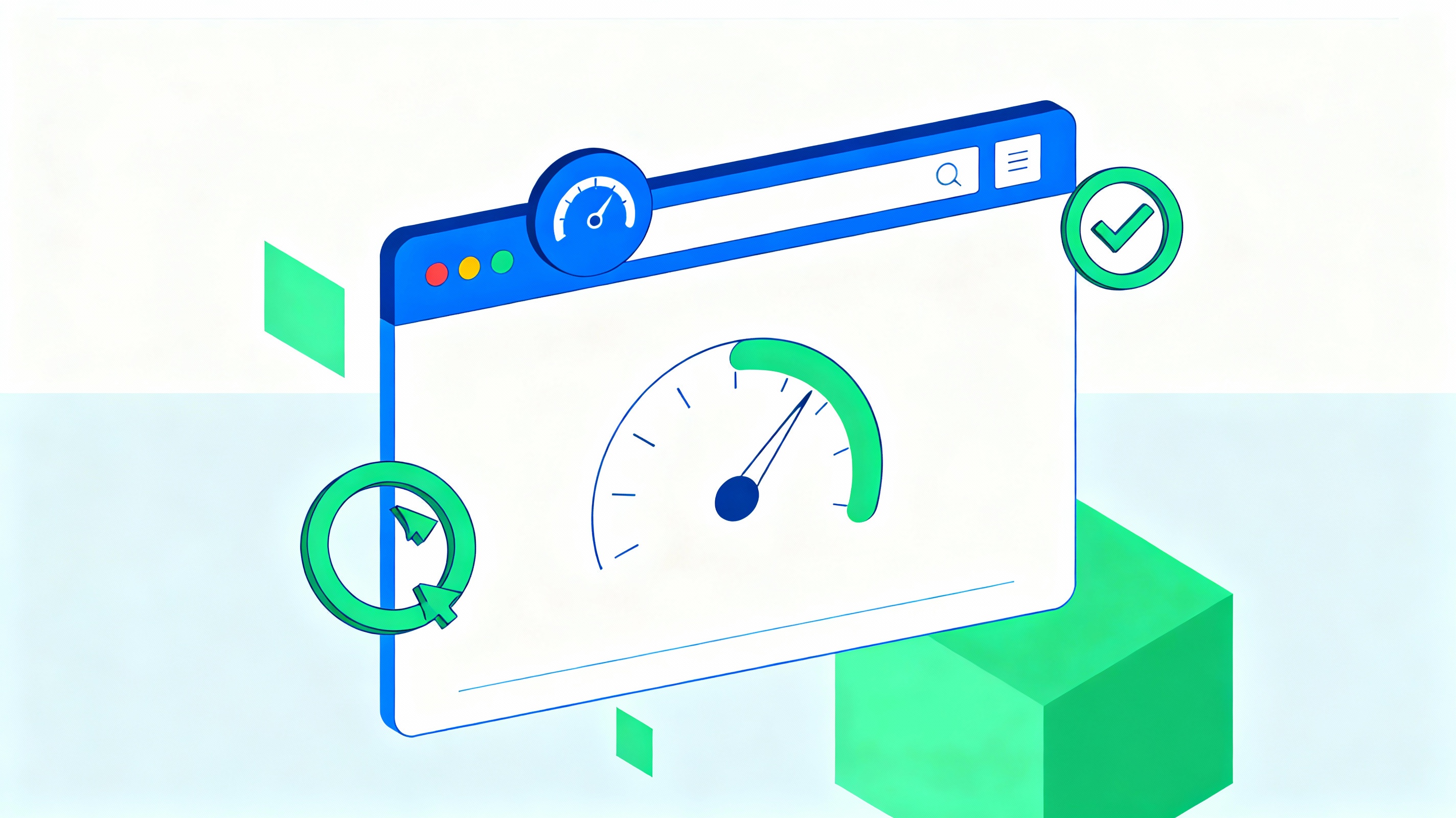 Concepto de velocidad web mostrando cronómetro y elementos de carga rápida en navegador